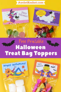 Free printable Halloween gift bag toppers for kids with cute cartoon characters. #Halloween #Halloweenprintables #printables #freeprintables #Ayelet_Keshet