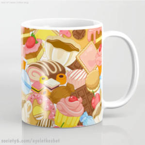 Cakes, coffee and candy print coffee mug | society6.com/ayeletkeshet